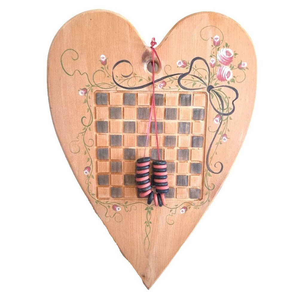 Wood Heart Checkerboard with Checkers Roses Valentines Gift Wall Decor Vintage